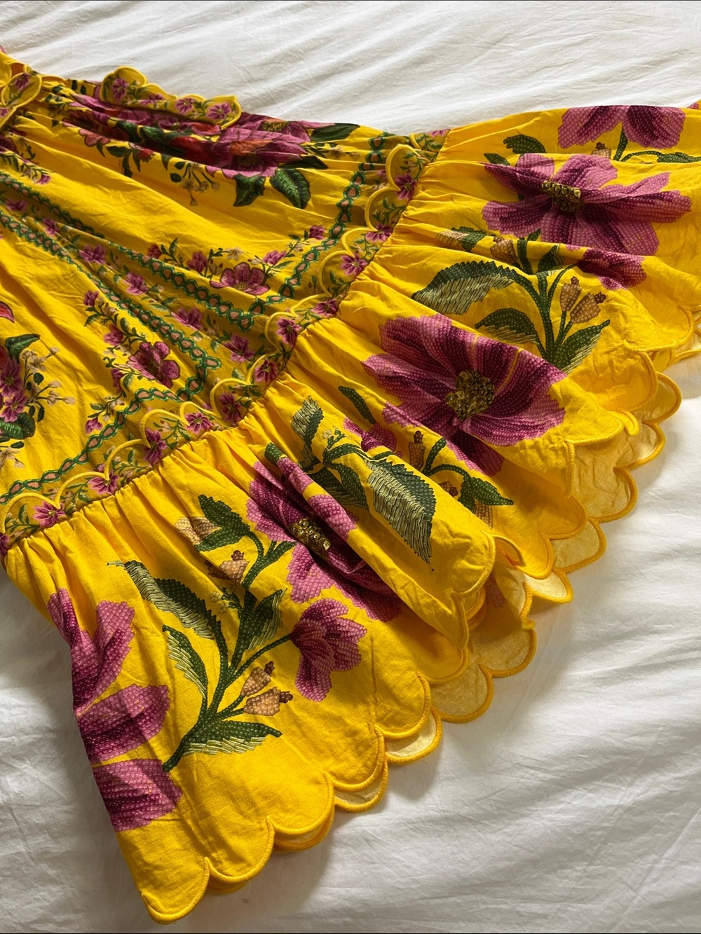 FARM Rio Yellow Summer Fruit Scarf Midi Dress pink floral cutout eyelet scallop - Picture 12 of 15